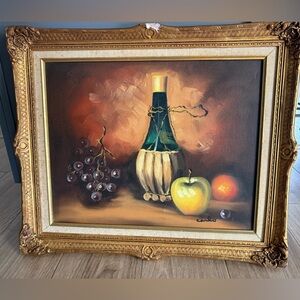 Antique Still Life Painting with Gold Frame Vino and Fruit 25”x21”x1.5 deep
